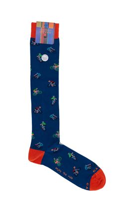Picture of patterned socks blue background