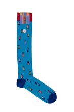 Picture of patterned socks turquoise background