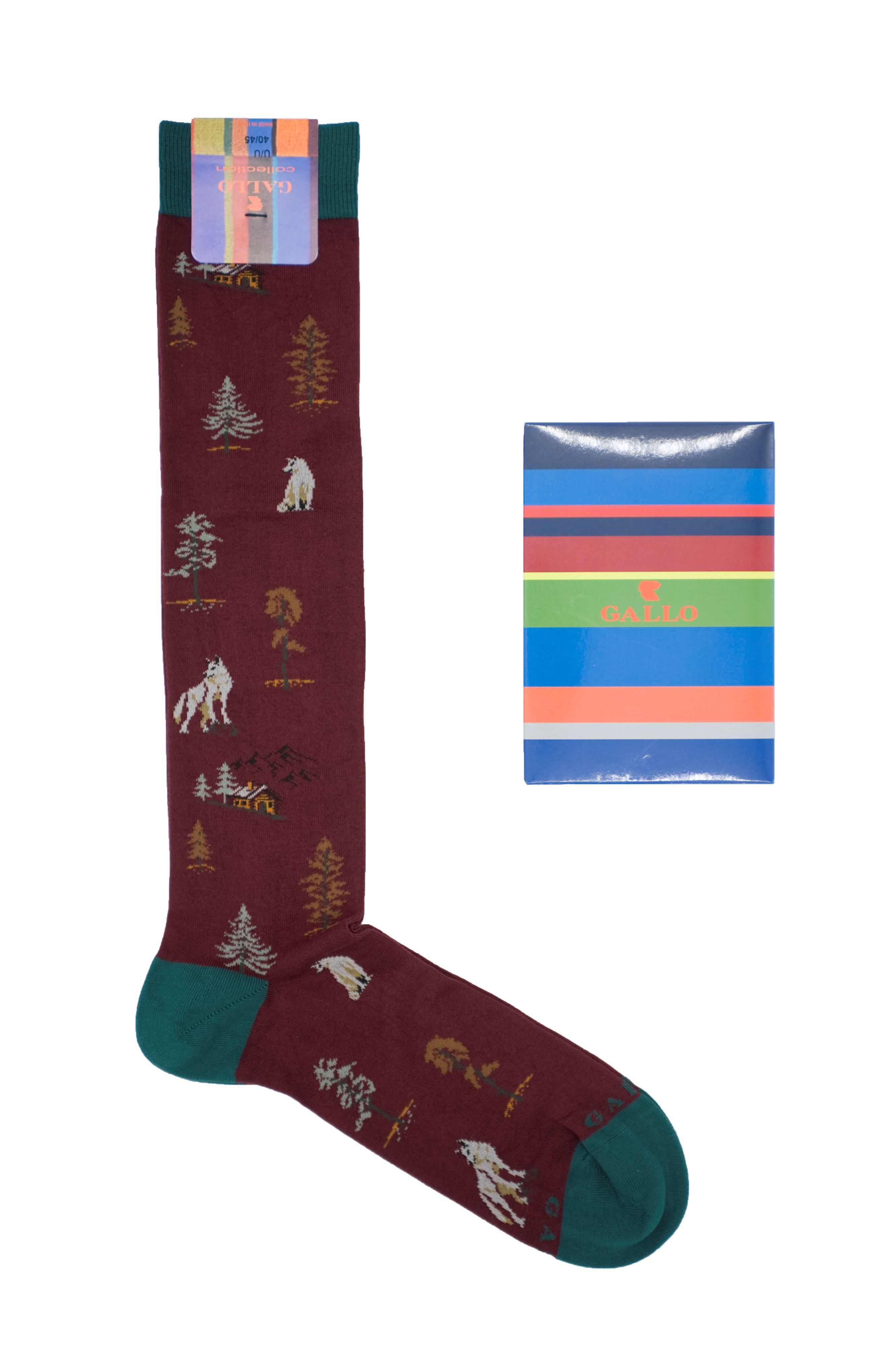 Picture of Patterned socks with wolves on a burgundy background