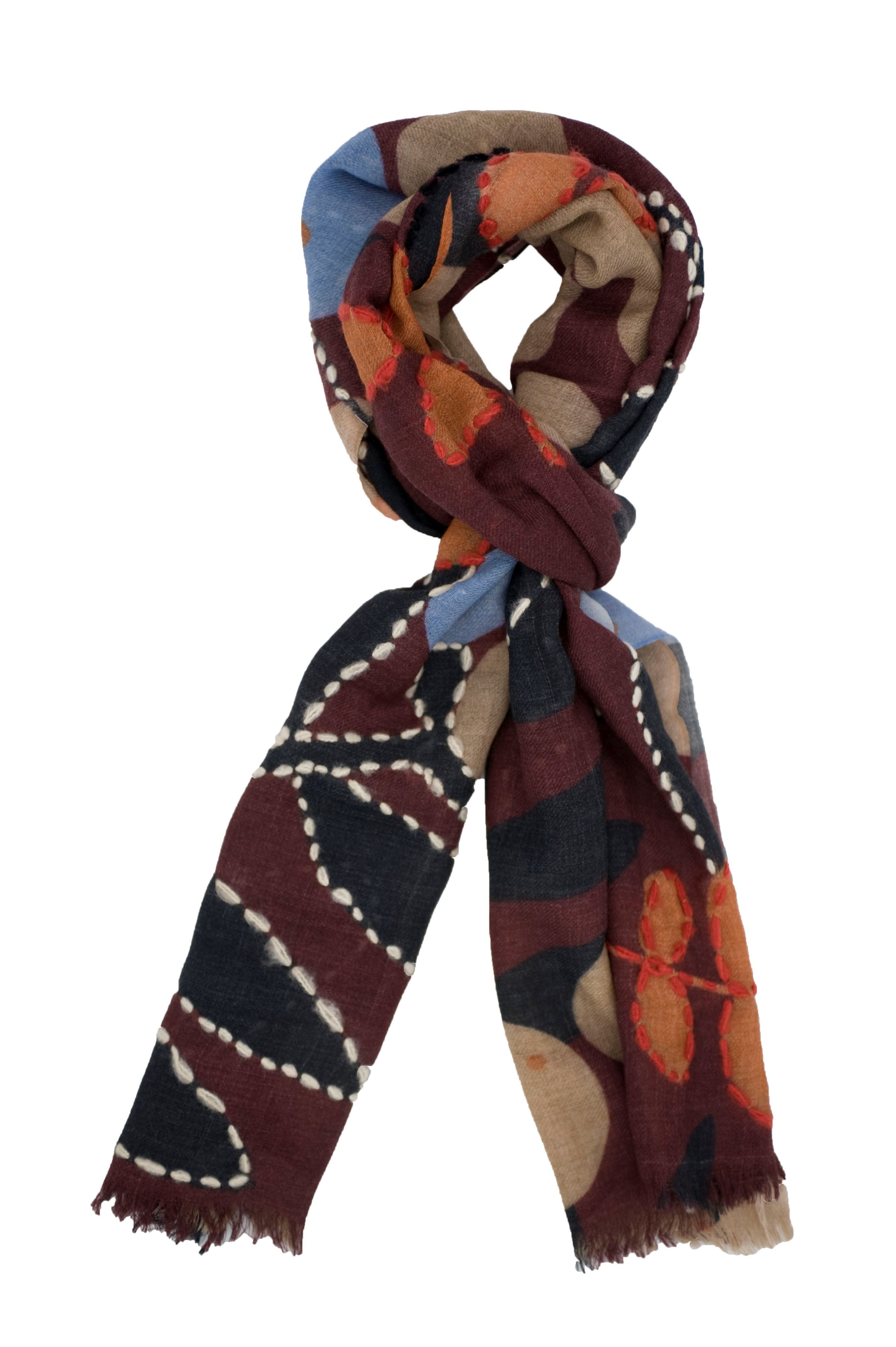 Picture of Burgundy background patterned wool scarf