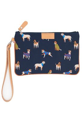 Picture of dog pattern clutch bag with blue background